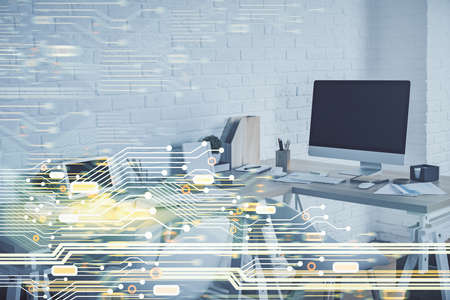 Double exposure of data theme drawing and office interior background. Concept of technology.