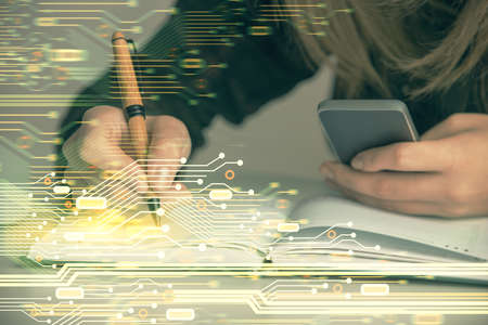 Multi exposure of woman hands working on computer and data theme hologram drawing. Tech concept.