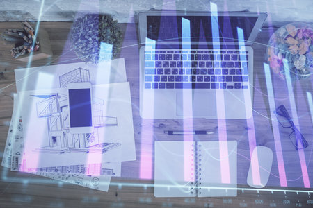 Multi exposure of financial chart drawing over table background with computer. Concept of research. Top view.の写真素材