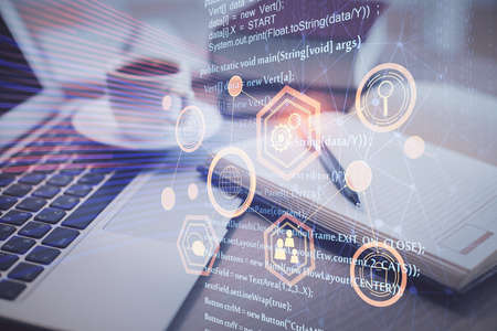 Double exposure of technology theme drawing and desktop with coffee and items on table background....