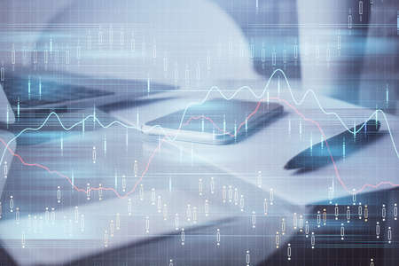 Double exposure of forex graph drawing and cell phone background. Concept of financial data analysis