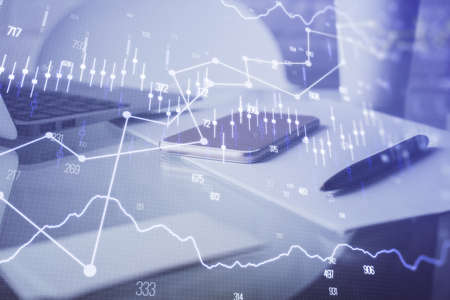 Double exposure of forex graph drawing and cell phone background. Concept of financial data analysis
