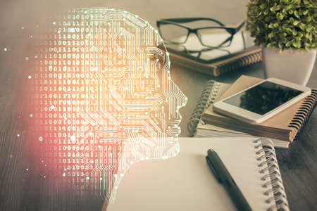 Double exposure of brain theme drawing and cell phone background. Concept of informationの写真素材