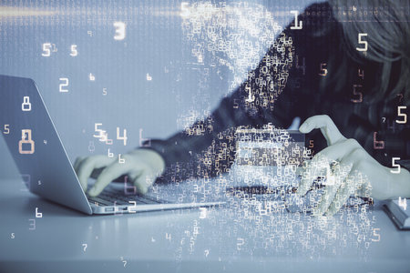 Multi exposure of woman on-line shopping holding a credit card and tech theme drawing. Technology concept.の写真素材