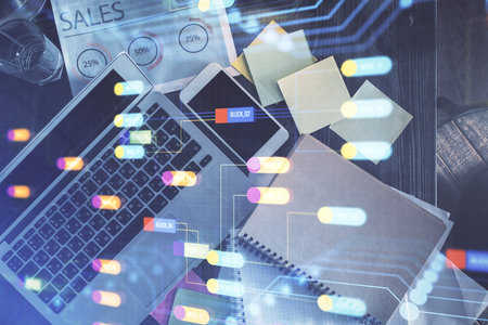 Multi exposure of data theme drawing hologram over topview work desk background with computer....