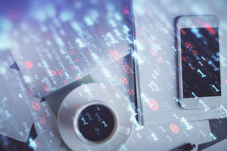 Double exposure of technology theme drawing over work table desktop. Top view. Global data analysis...