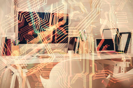Double exposure of tech theme drawings and office interior background. Technology concept.