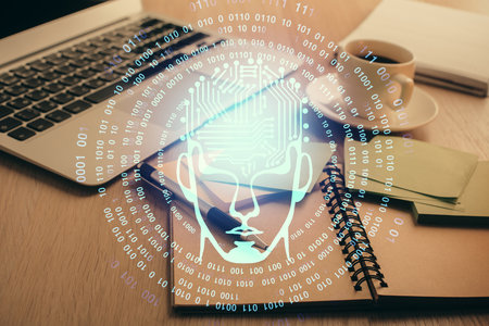 Double exposure of brain drawing and desktop with coffee and items on table background. Concept of research.の写真素材