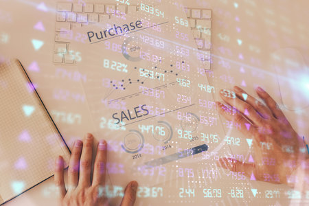 FOREX chart multi exposure with work table background. Top View. Concept of success.の写真素材