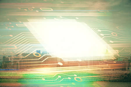 Data theme hologram drawing on city view with skyscrapers background double exposure. Technology concept.の写真素材