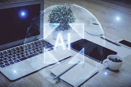 Double exposure of table with computer on background and data theme drawing. Concept of innovation.