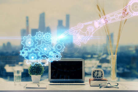 Multi exposure of table with computer on background and data theme drawing. Concept of innovation.