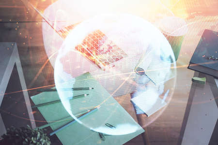 Double exposure of business theme icons and work space with computer background. Concept of success.の写真素材