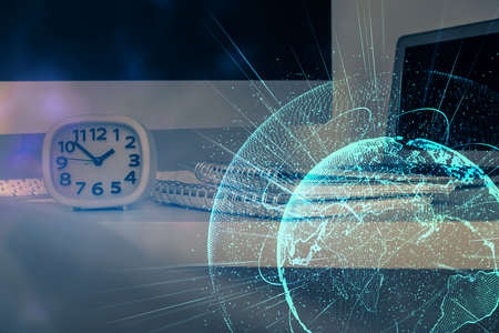 Computer on desktop with social network theme icon. Multi exposure. Concept of international...