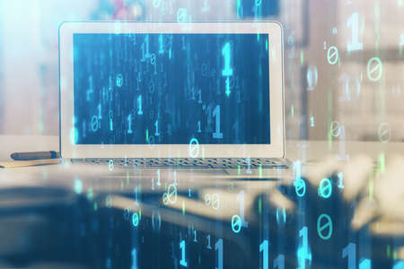 Multi exposure of desktop computer and technology theme hologram. Concept of software development.