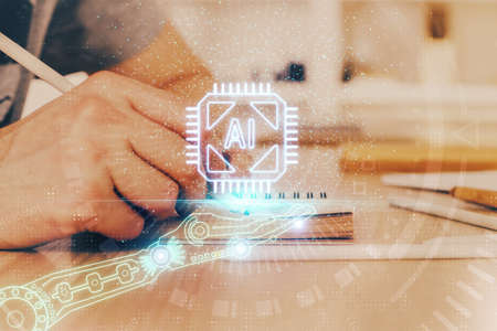 Human's hands with tech theme double exposure icons. Concept of big data.