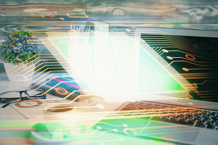 Multi exposure of desktop with computer on background and tech theme drawing. Concept of big data.