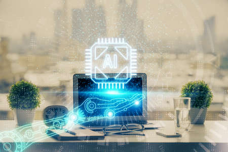 Double exposure of table with computer on background and data theme drawing. Concept of innovation.