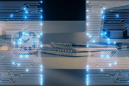 Computer on desktop in office with technology theme hologram. Multi exposure. Tech concept.