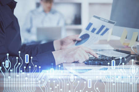 Multi exposure of tech drawings with man working on computer background. Concept of innovation.