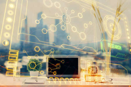 Multi exposure of table with computer on background and data theme drawing. Concept of innovation.の写真素材