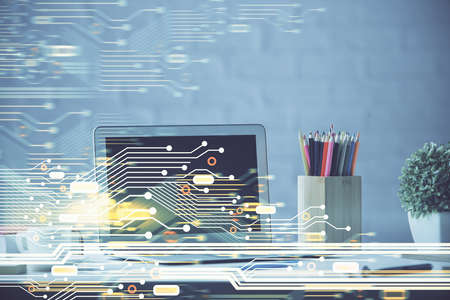 Double exposure of desktop with personal computer on background and tech theme drawing. Concept of...