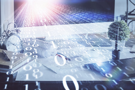 Double exposure of desktop with computer on background and tech theme drawing. Concept of big data.