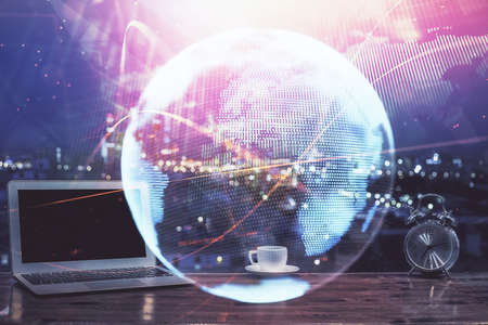 Multi exposure of business theme icons and table with computer background. Concept of success.の写真素材