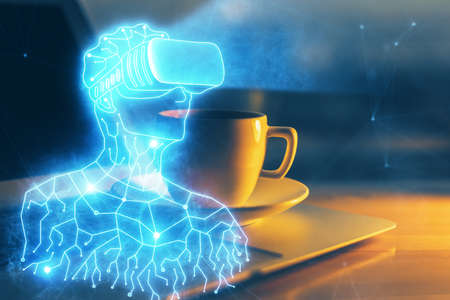 Computer on desktop with AR theme icon. Multi exposure. Concept of augmented reality.