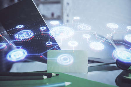 Computer on desktop with social network theme icon. Multi exposure. Concept of international...