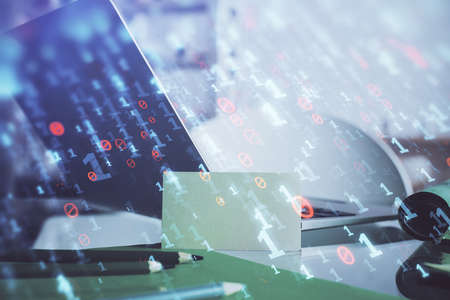 Technology theme drawing and table with computer. Double exposure. Concept of information.