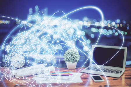 Double exposure of business theme icons and work space with computer background. Concept of success.