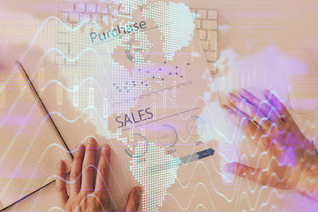 FOREX chart multi exposure with work table background. Top View. Concept of success.