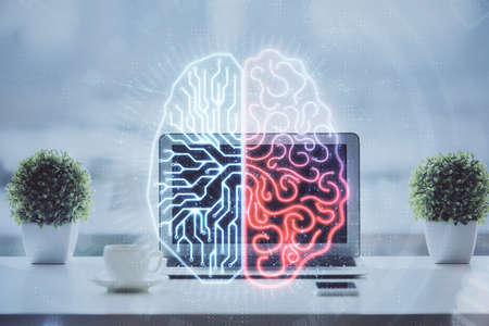 Double exposure of desktop with computer and brain drawing hologram. Artificial intelligence...