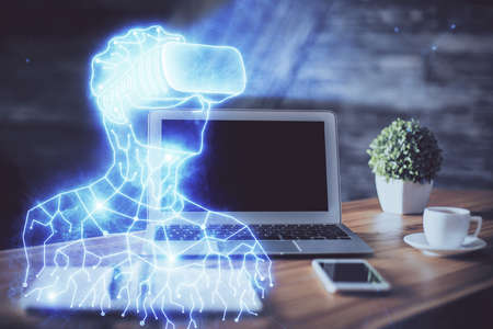 Computer on desktop with AR theme icon. Multi exposure. Concept of augmented reality.