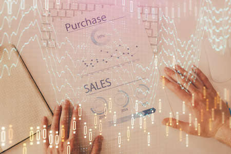 FOREX chart multi exposure with work table background. Top View. Concept of success.