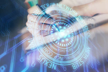 Double exposure of woman's hands on background with technology and digital coding icons. Data...
