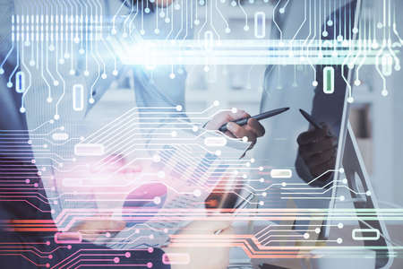 Multi exposure of tech drawings with man working on computer background. Concept of innovation.