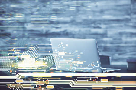 Double exposure of desktop with computer on background and tech theme drawing. Concept of big data.