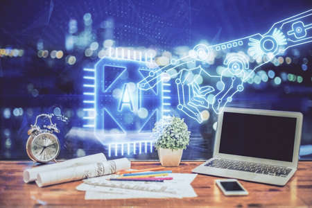 Double exposure of table with computer on background and data theme hologram. Data technology...