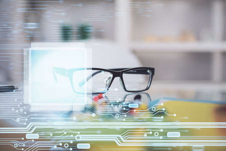 Data tech hologram with glasses on the table background. Concept of technology. Double exposure.の写真素材