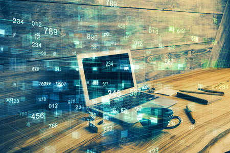 Double exposure of desktop with personal computer on background and tech theme drawing. Concept of...