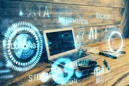 Double exposure of desktop with personal computer on background and tech theme drawing. Concept of...