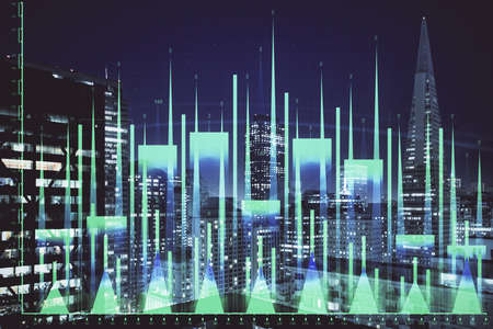 Financial graph on night city scape with tall buildings background multi exposure. Analysis concept.