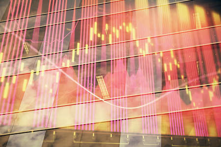 Forex chart on cityscape with tall buildings background multi exposure. Financial research concept.