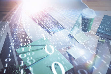 Double exposure of desktop with personal computer on background and tech theme drawing. Concept of...