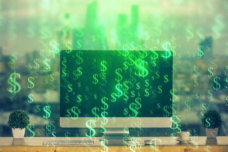 Forex market graph hologram and personal computer on background. Double exposure. Concept of investment.の写真素材