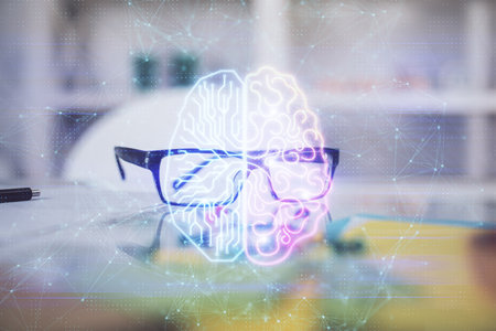 Brain drawings with glasses on the table background. Double exposure.の写真素材