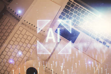 Multi exposure of data theme drawing hologram over topview work desk background with computer. Concept of technology.の写真素材
