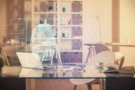 Double exposure of finger print and office interior background. Concept of security.